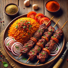 Load image into Gallery viewer, Authentic Stick Beef Suya Over Jollof Ingredient Box