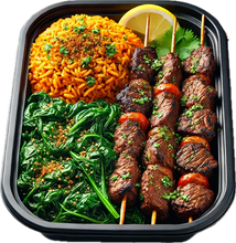 Load image into Gallery viewer, Chargrilled Beef Kabobs, Jollof Rice &amp; Sauteed Spinach (6 Bowls)