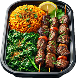 Chargrilled Beef Kabobs, Jollof Rice & Sauteed Spinach (6 Bowls)