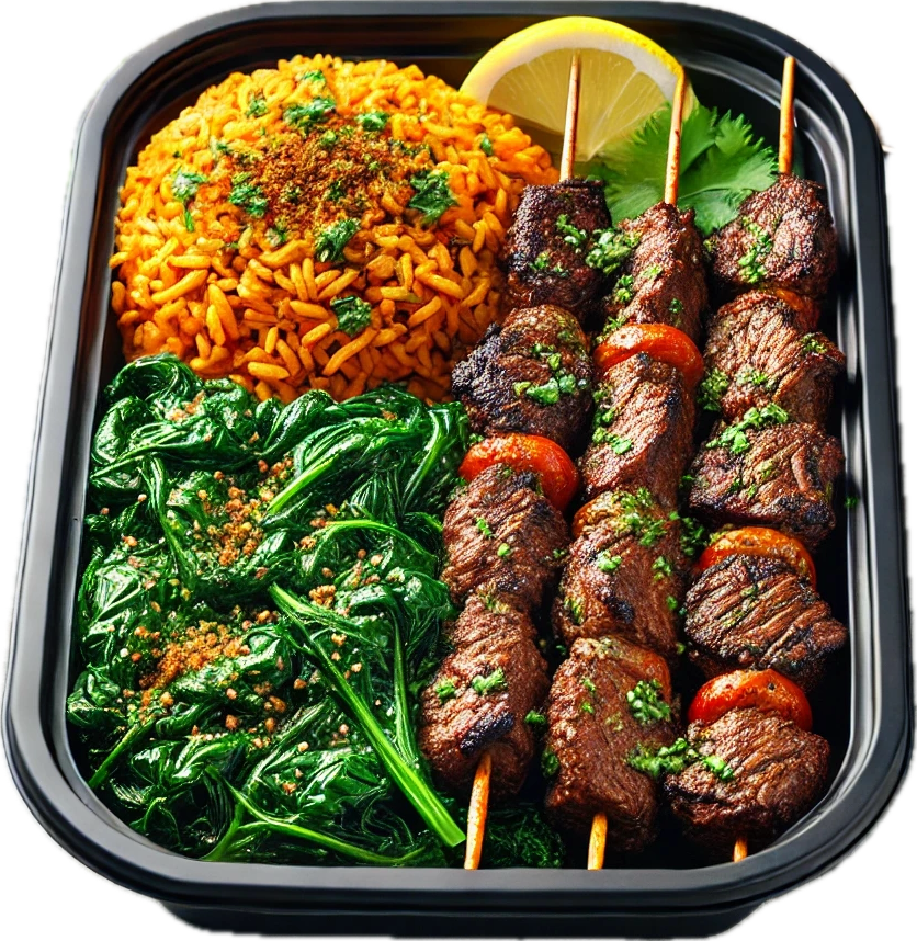 Chargrilled Beef Kabobs, Jollof Rice & Sauteed Spinach (6 Bowls)