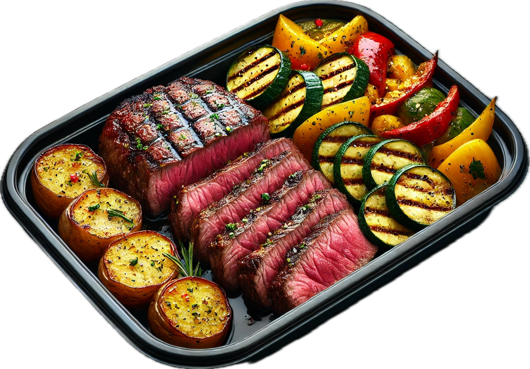 Medium Rare Ribeye Steak over Roasted Garlic Herb Potatoes & Vegetable Medley (6 Bowls)