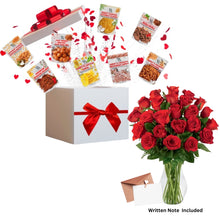 Load image into Gallery viewer, 12 Assorted African Snack Gift Box with 24pc Red Roses