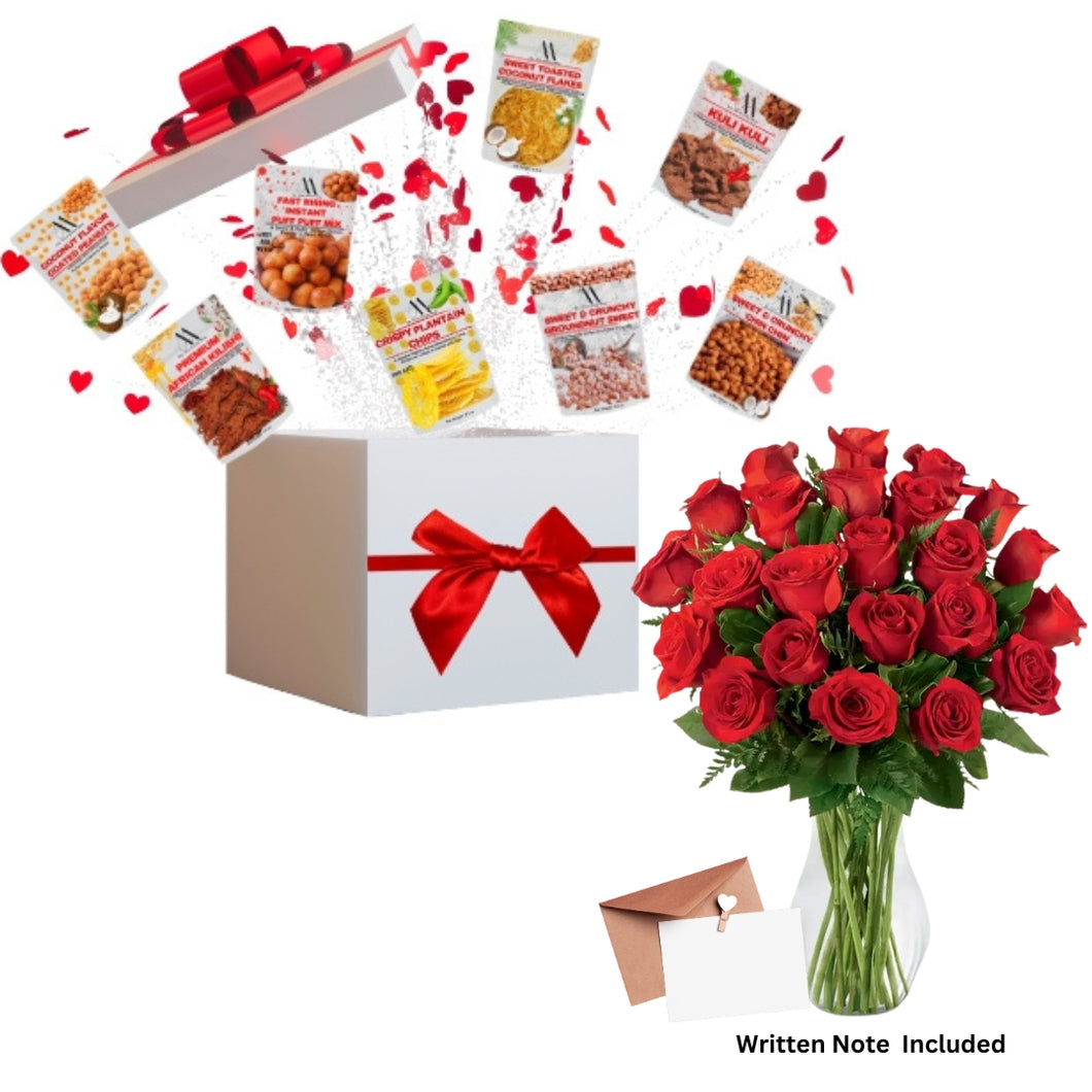 12 Assorted African Snack Gift Box with 24pc Red Roses