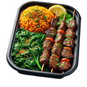 Chargrilled Beef Kabobs, Jollof Rice & Sauteed Spinach (6 Bowls)