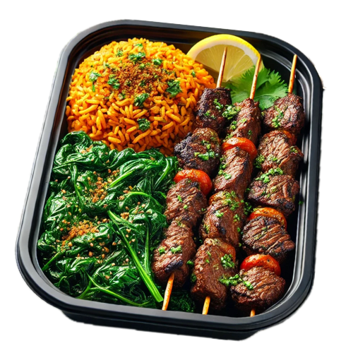 Chargrilled Beef Kabobs, Jollof Rice & Sauteed Spinach (6 Bowls)