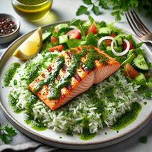 Load image into Gallery viewer, Basil Lemon Herb Salmon Over Cilantro Garlic Serrano Lime Butter Rice Virtual Cooking Class | Friday May 9, 2025 ( 7pm-9pm Est.) | Sunday May 11,2025 (3pm-5pm Est.)