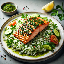 Load image into Gallery viewer, Basil Lemon Herb Salmon Over Cilantro Garlic Serrano Lime Butter Rice Virtual Cooking Class | Friday May 9, 2025 ( 7pm-9pm Est.) | Sunday May 11,2025 (3pm-5pm Est.)